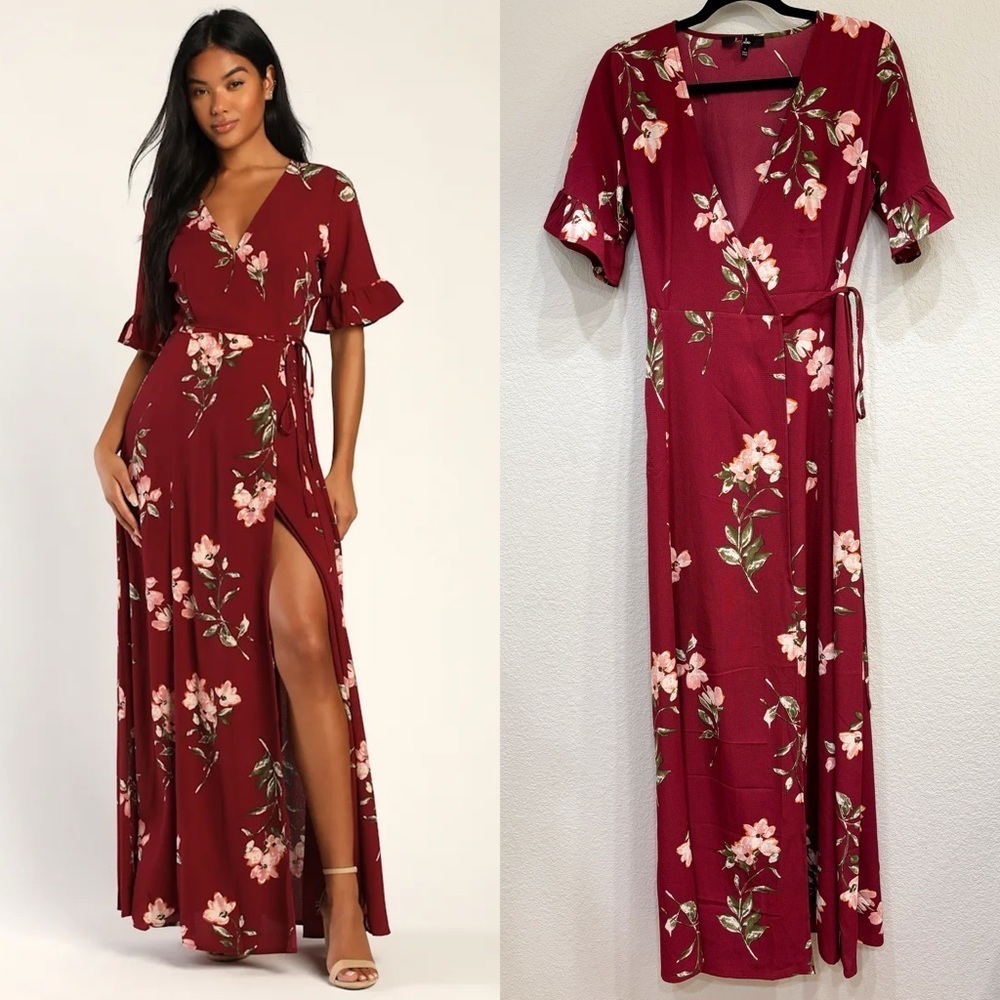 NWOT Lulus September Sunsets Burgundy Floral Print Wrap Maxi Dress